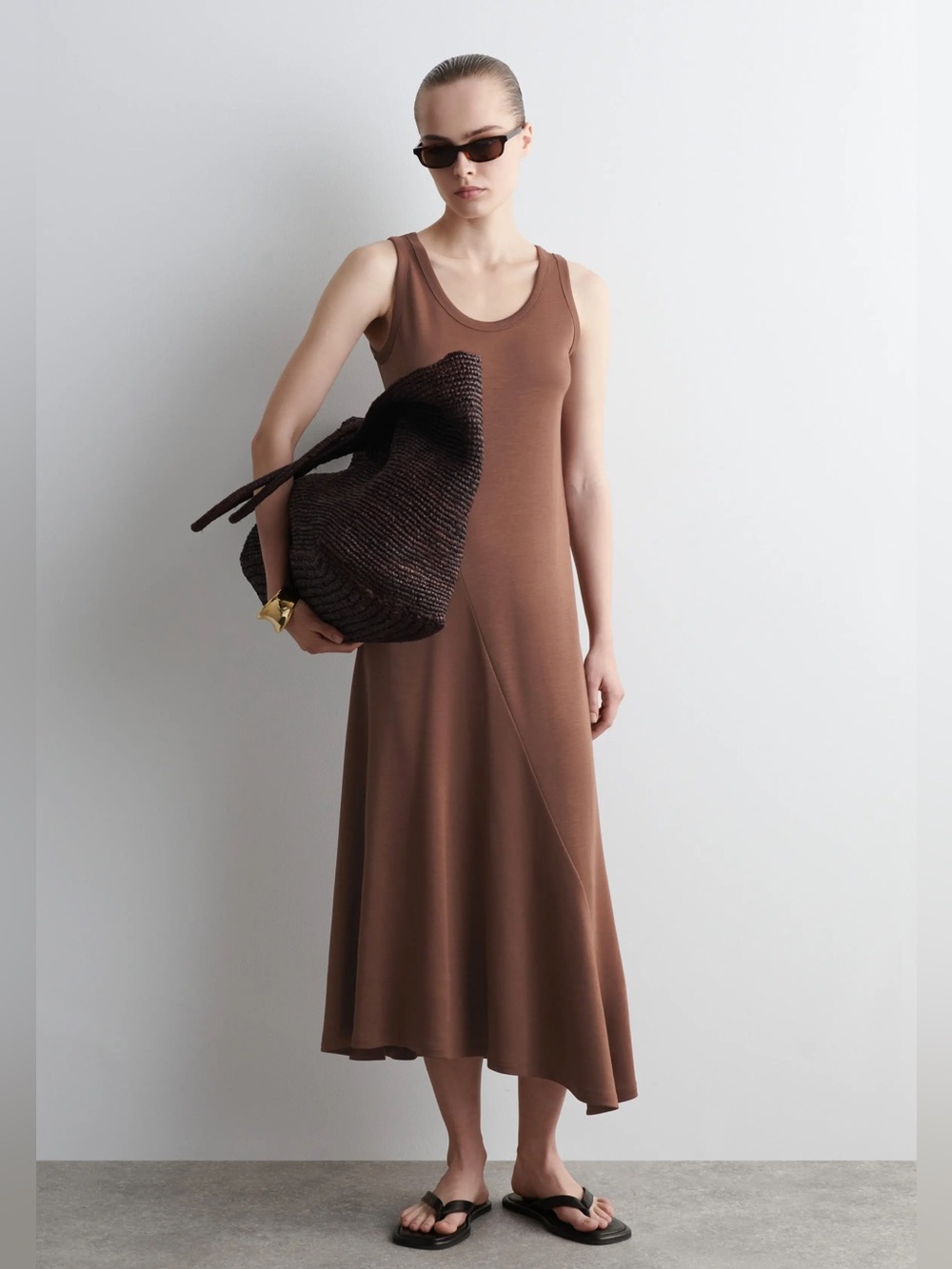 COS Brown Sleeveless Asymmetrical Draped Jersey Midi Dress Size Small